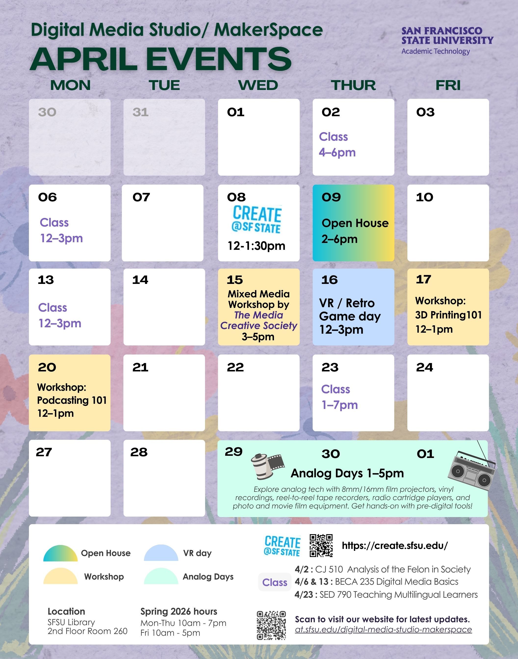 Digital Media Studio and MakerSpace April 2026 Event Poster