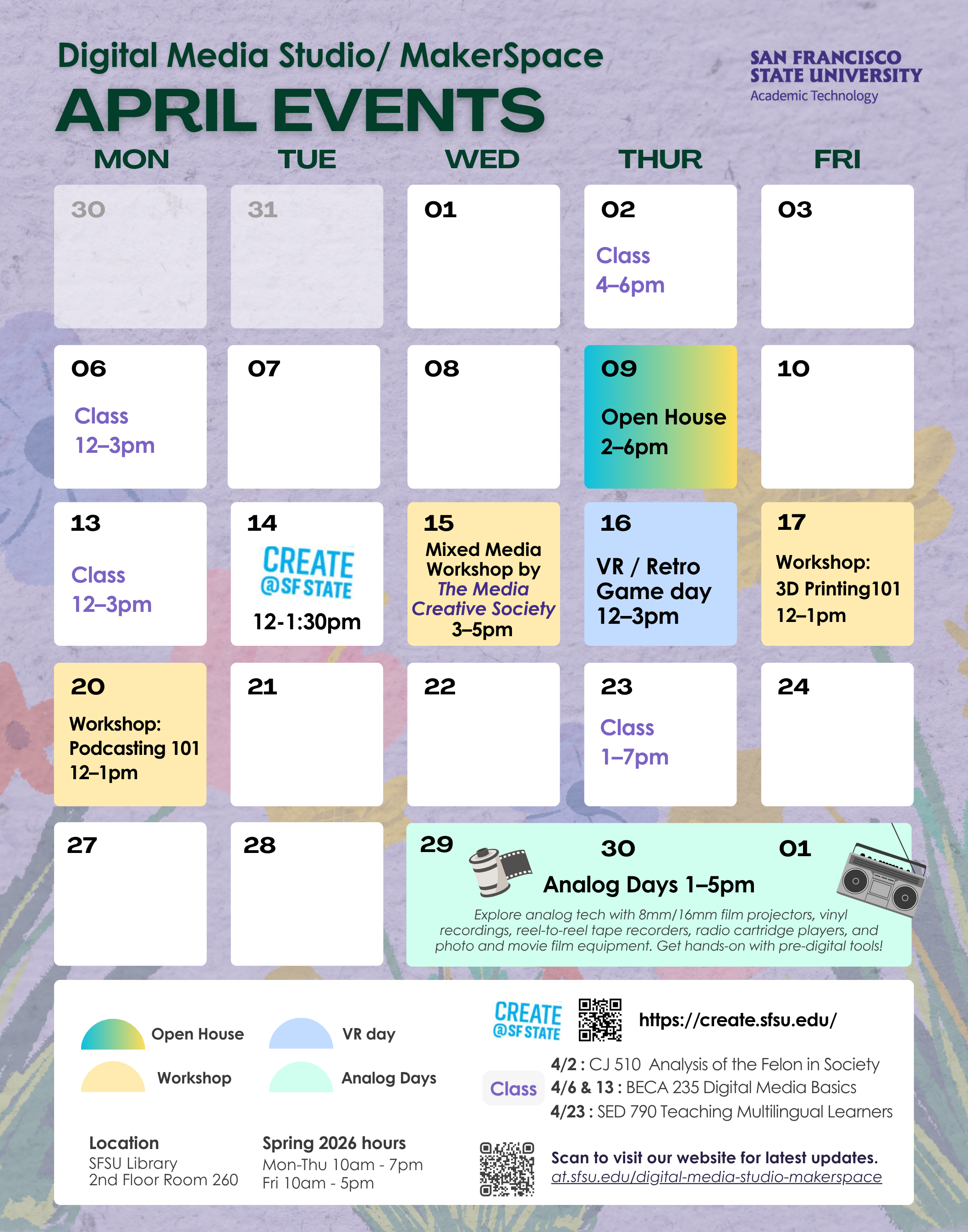 Digital Media Studio and MakerSpace April 2026 Events Calendar Poster