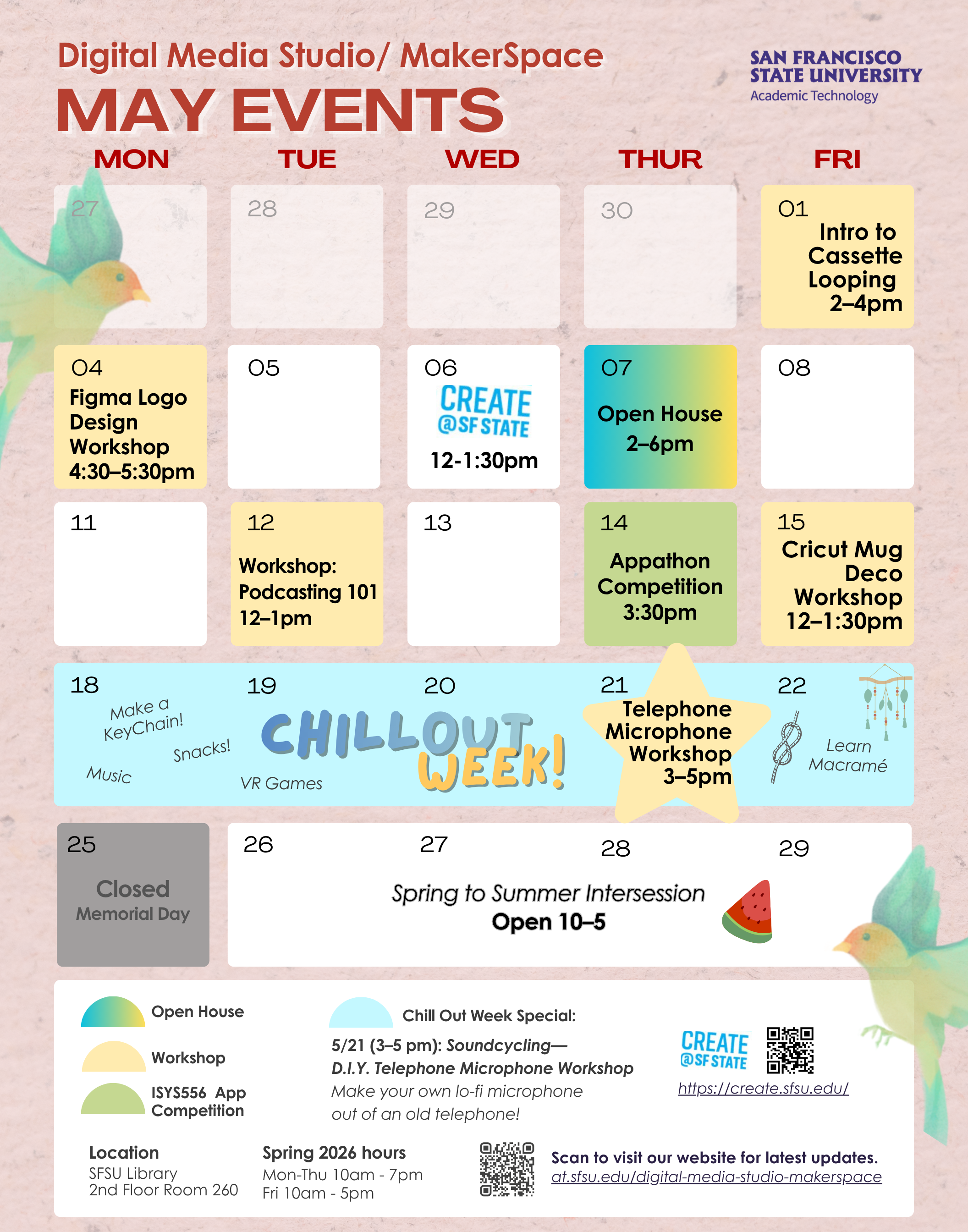 Digital Media Studio and MakerSpace event calendar, May 2026