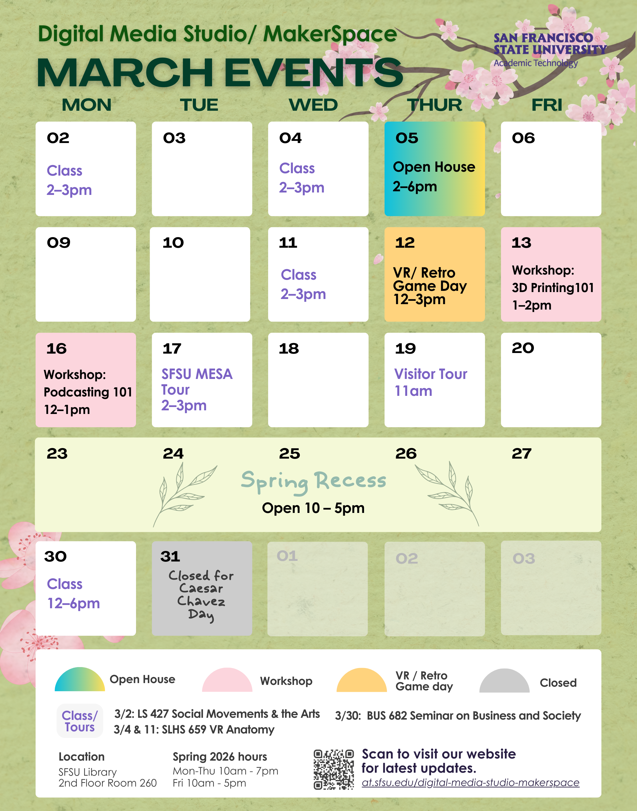Monthly events calendar for DMS, March 2026