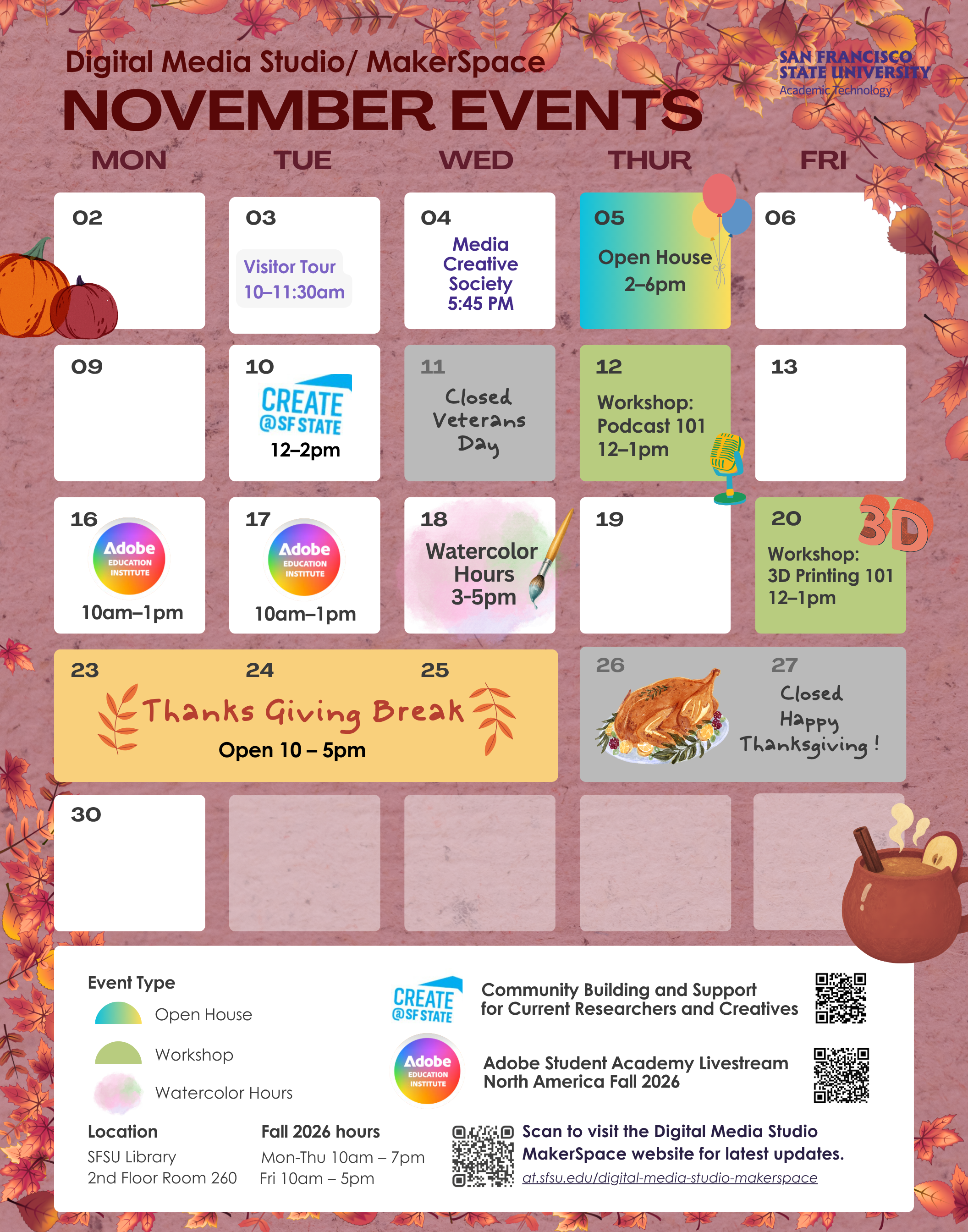 Digital Media Studio and MakerSpace monthly events calendar for November 2026