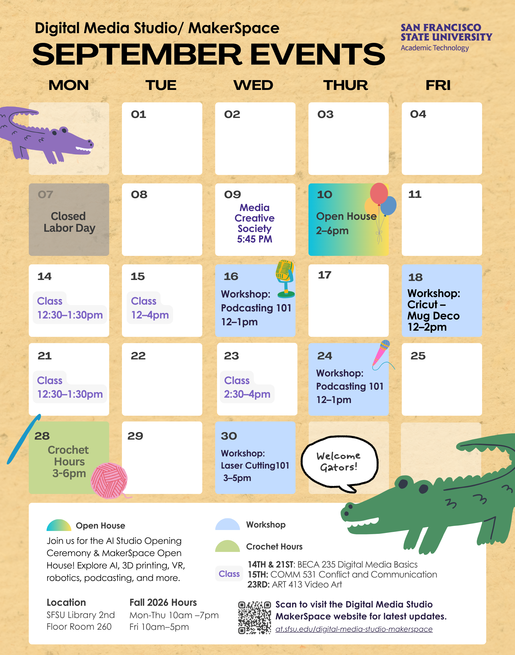 Digital Media Studio and MakerSpace calendar for September 2026