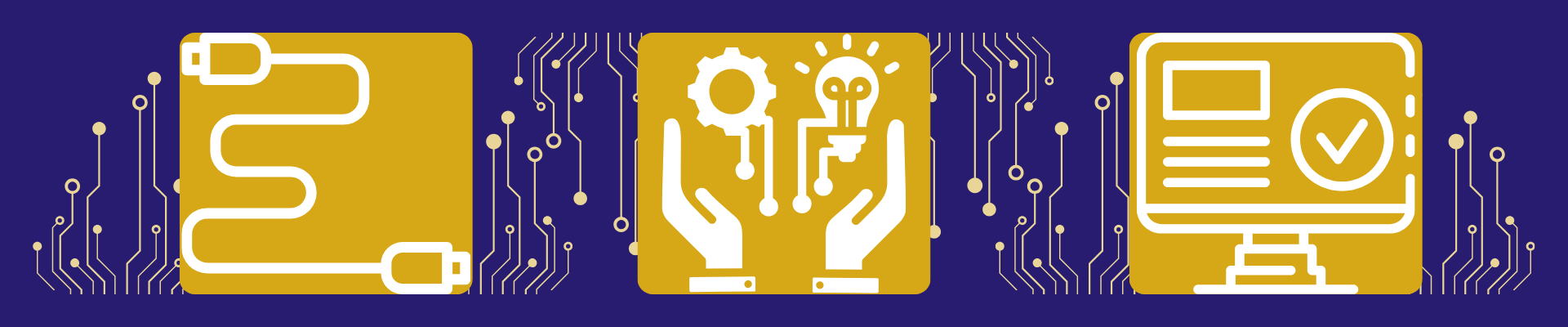 electrical outlet icon, hands reaching for gear and lightbulb and computer monitor