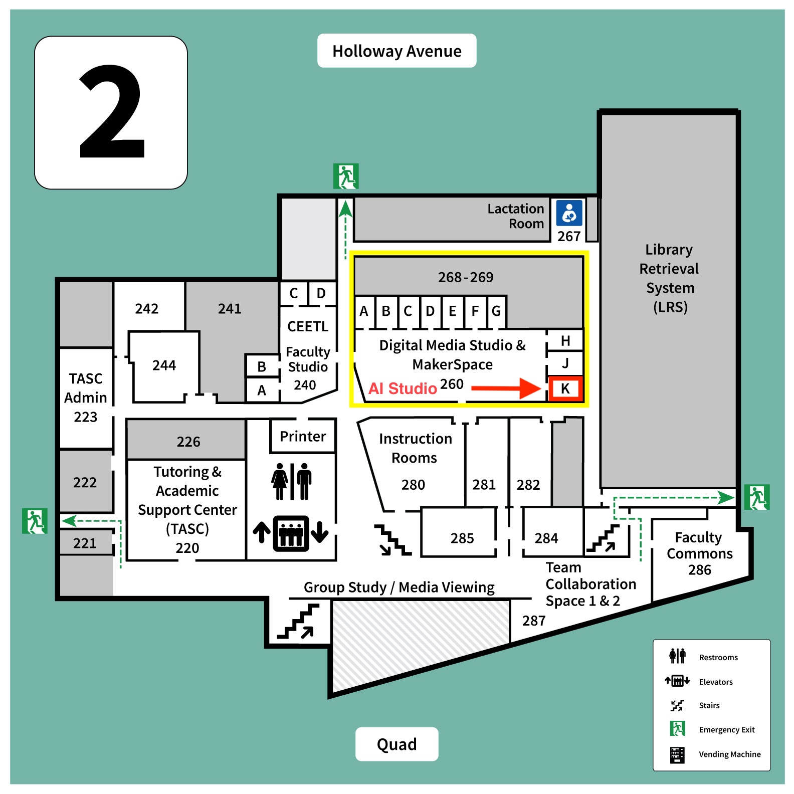 Map of J. Paul Leonard Library second floor, highlighting LIB 260 (Digital Media Studio and MakerSpace) and AI Studio