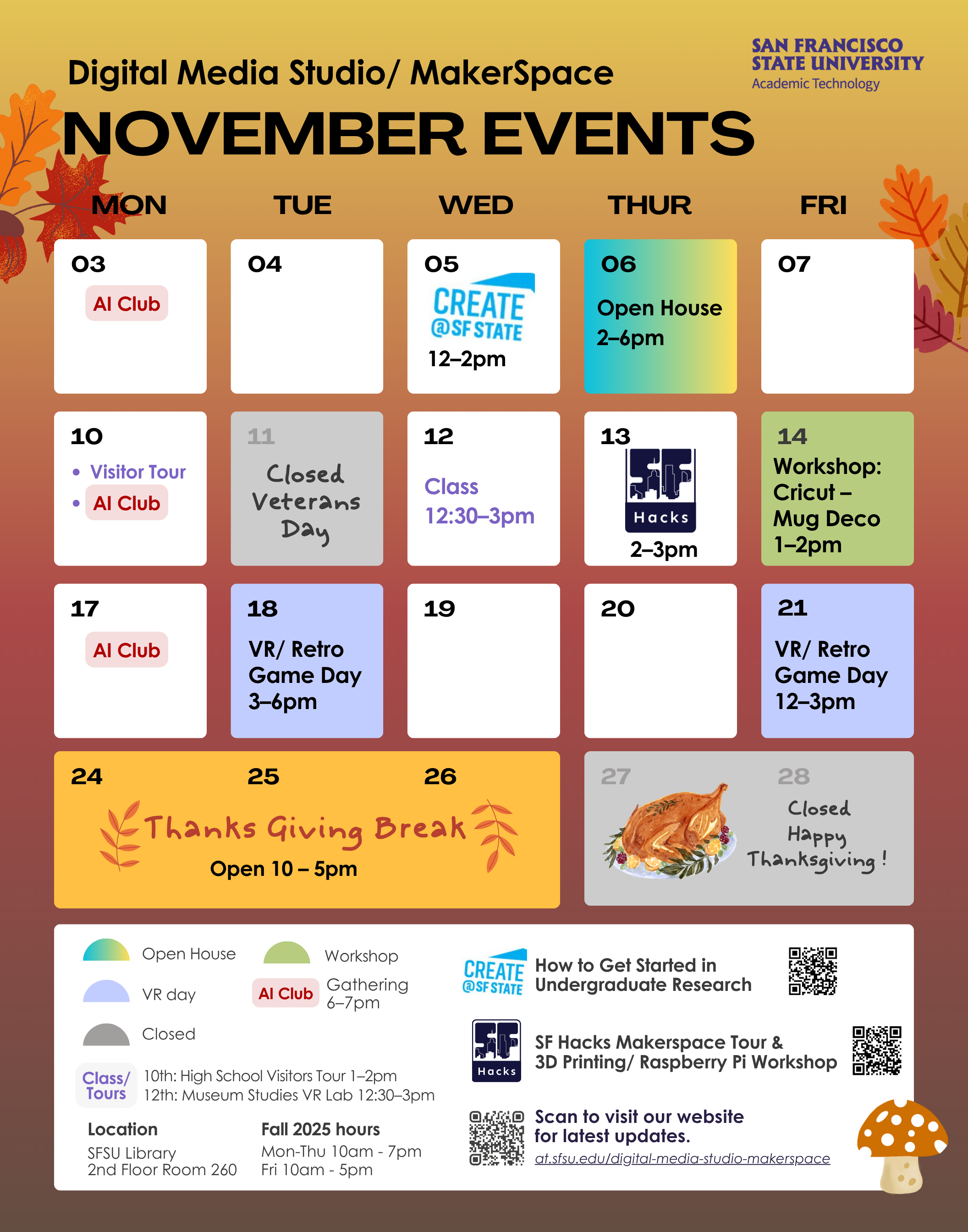November 2025 events calendar for the Digital Media Studio & MakerSpace