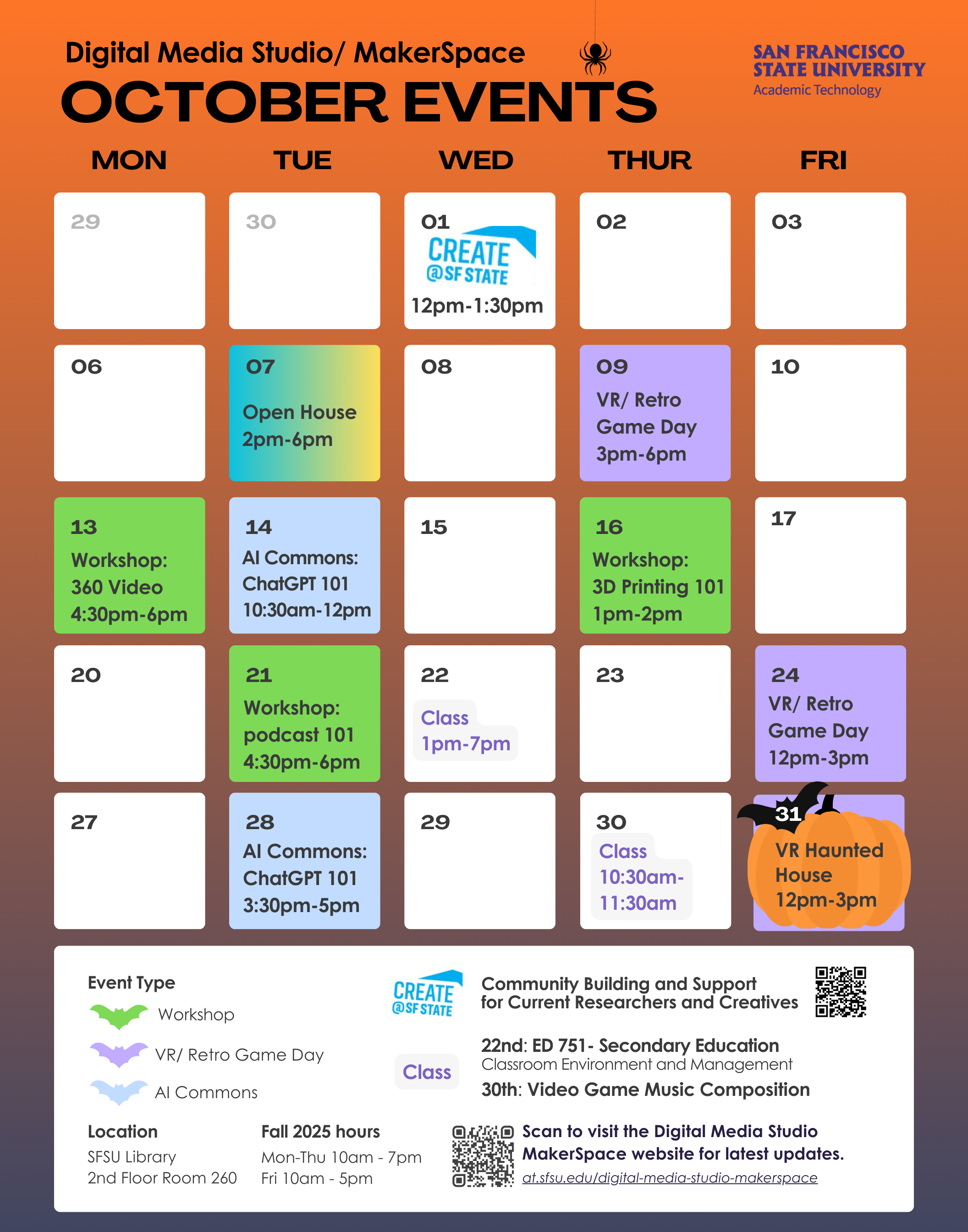 Digital Media Studio & MakerSpace October 2025 Events Calendar