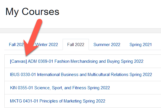 My Courses tabbed interface in iLearn, showing a list of courses, the first of which demarcated as [Canvas] and emphasized with a red arrow.