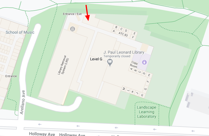 Map showing location of J. Paul Leonard library