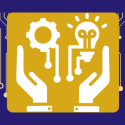 electrical outlet icon, hands reaching for gear and lightbulb and computer monitor