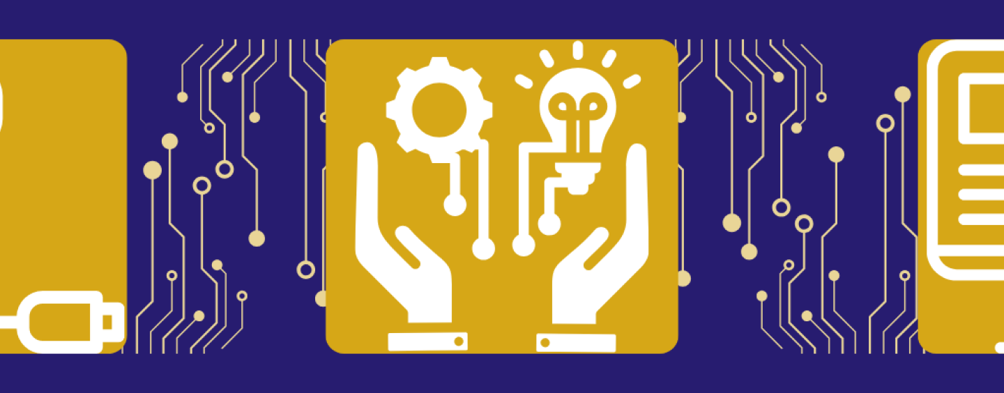 electrical outlet icon, hands reaching for gear and lightbulb and computer monitor