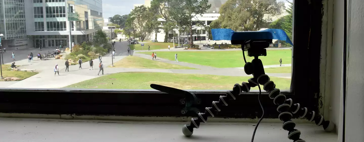 fogcam behind the scenes, a small webcam taped to a window overlooking the quad