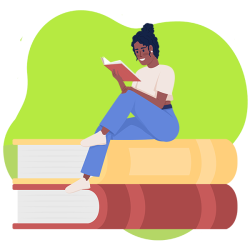 Illustration of a woman reading while sitting on two giant books